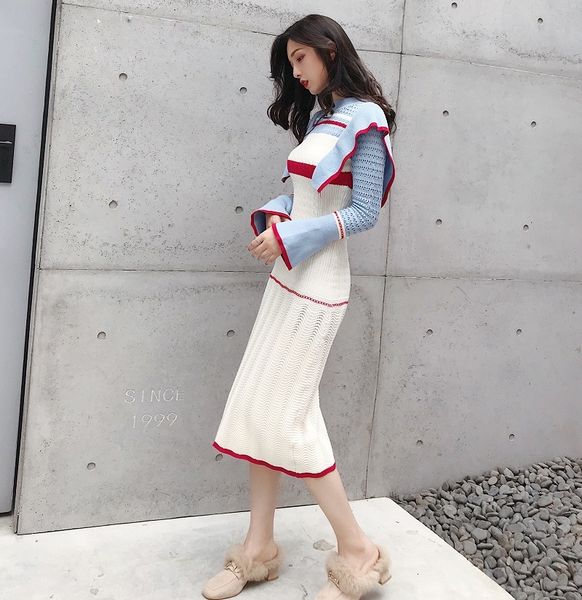 

sweater women turtleneck collar knitted sheath autumn winter blue patchwork ruffles bodycon mermaid warm dress nfi2, White;black