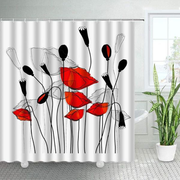 

shower curtains hand painted poppy flowers set red floral black white simple art nordic decor bathroom fabric bath curtain hooks