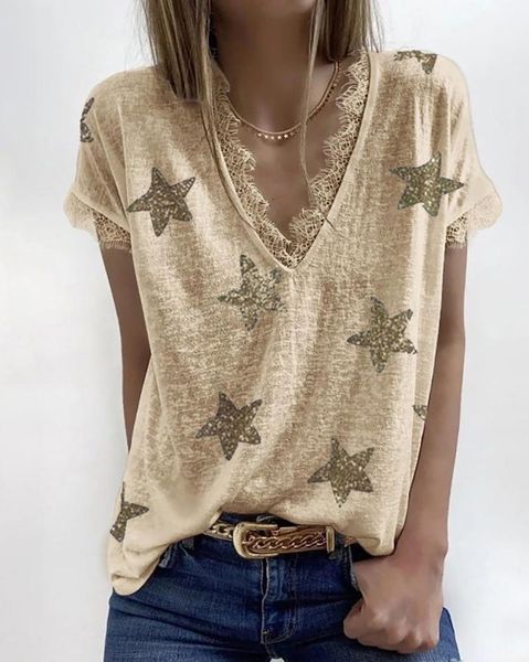 

women's t-shirt summer womans v-neck laciness t shirt star print casual short sleeve plus size ladies clothing tshirts, White