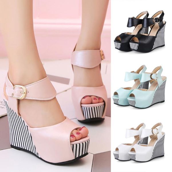 

fish mouth sandals platform women stripe leather wedges shoes buckle casual sandalias mujer, Black