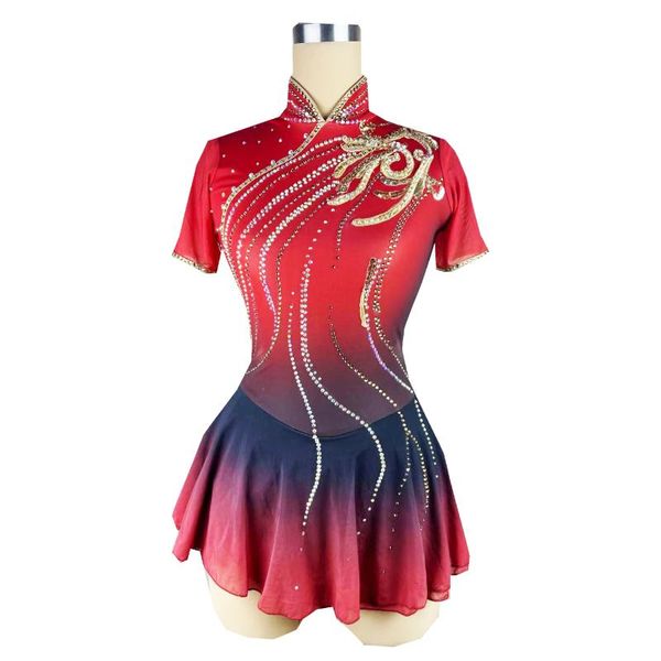 

stage wear gules figure skating dress long-sleeved ice skirt spandex, Black;red