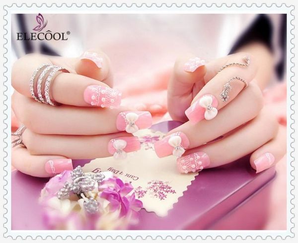 

24pcs faux ongles full cover false nails cute elegant pink bow-knot artificial finished french designs bride1, Red;gold