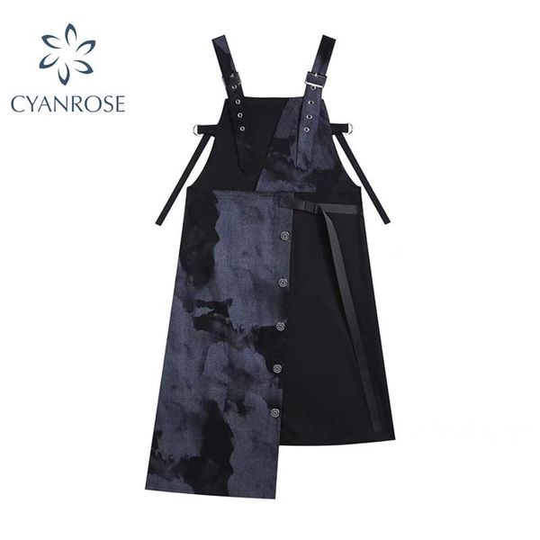 

casual dresses irregular design denim traped dress women korean 2021 summer fashion streetwear tie dye patchwork strap female, Black;gray