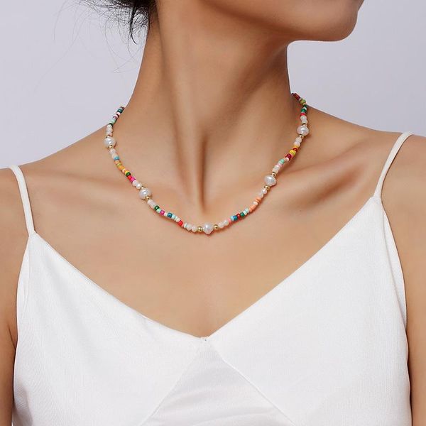 

chains simple ladies trendy multicolor glass beads white imitation pearl handmade beaded chokers necklaces for women beach style, Silver