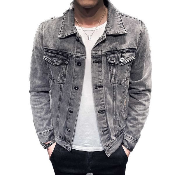 

denim jacket men fashion hole retro motorcyle basic coat streetwear bomber cowboy 's casual coats 210909, Black;brown