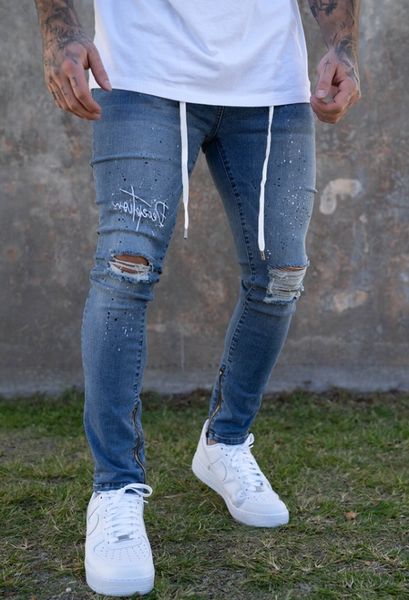 

men's pants hip-hop paint leggings, pierced ny jeans, Black