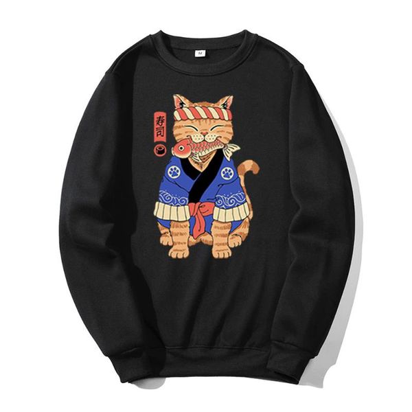 

men's hoodies & sweatshirts cute kawaii japnese sushi cats anime animal autumn male casual breathable hoodie fleece print hoody, Black