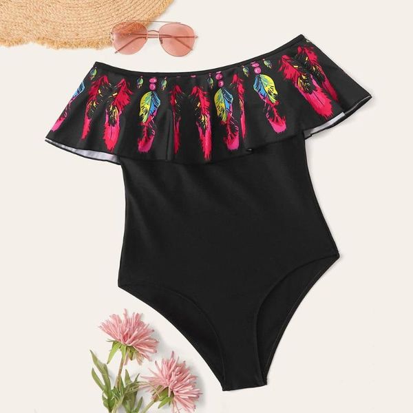 

one-piece suits ladies summer one piece siamese bikini set push-up feather print swimwear beachwear body swimsuit woman bathing suit