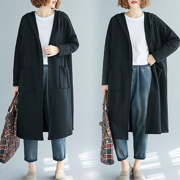 

women's trench coats plus size hooded casual coat long sleeve sweatshirts spring autumn fashion cardigan solid outerwear female, Tan;black