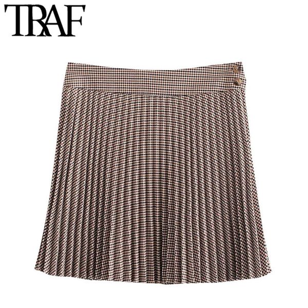 

traf women chic fashion with buttons houndstooth pleated mini skirt vintage high waist side zipper female skirts mujer 210415, Black