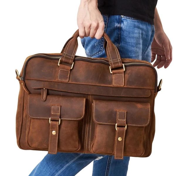 

briefcases 8 colors crazy horse genuine leather men briefcase vintage handbag messenger shoulder bags business lapcrossbody travel bag