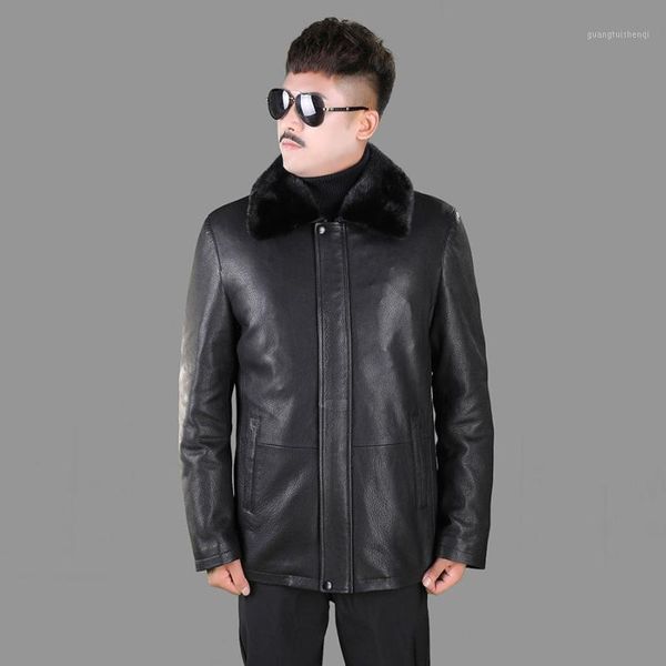 

men's leather & faux haining authentic deerskin medium and long winter down coat detachable collar jacket, Black