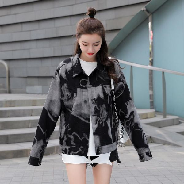 

women's jackets black denim jacket runway women spring autumn tie-dye single-breasted jean loose coat large size fried street, Black;brown