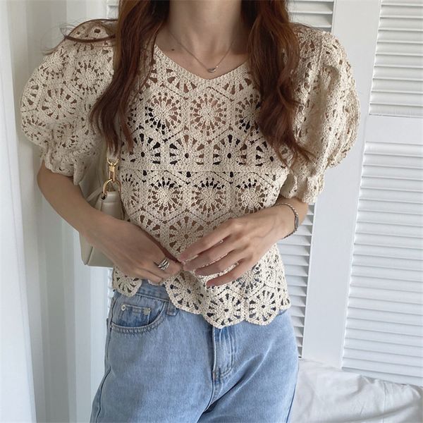 

crochet puff sleeve hook flowers sweet thin vintage summer gentle hollow out knitted blouses 2 colors 210421, White