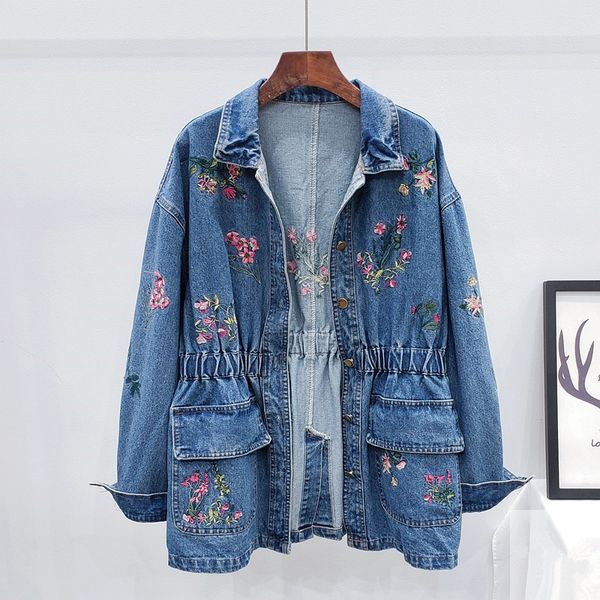 

women's jackets autumn fashion embroidery flowers denim women outerwear chaquetas mujer mid long elastic waist jeans coat female 8, Black;brown