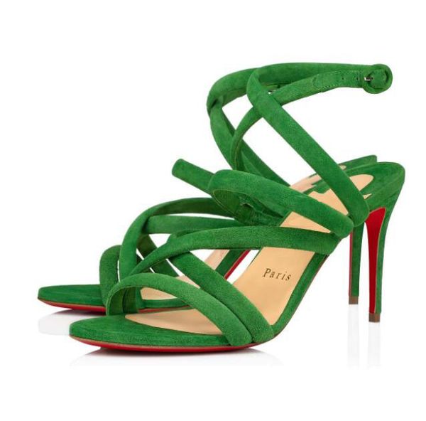 

summer women's sandals, high-heeled red-soled shoes, cleissimo 85 mm leather suede narrow straps, cross-over, reds-soleds shoess with b, Black