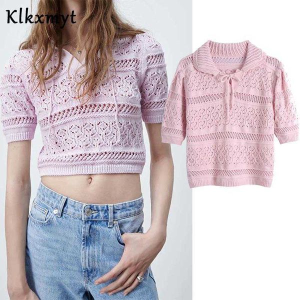 

klkxmyt za women sweet turn down collar bow tied hollow out jacquard knitting short sweater female chic casual pullovers 210527, White;black