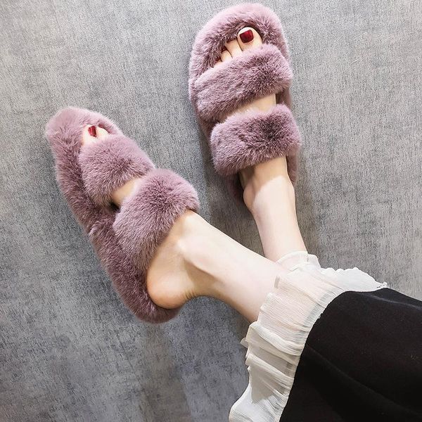 

winter fashion slippers women faux fur cozy furry slides open toe slip on soft house floor plush indoor warm shoes, Black