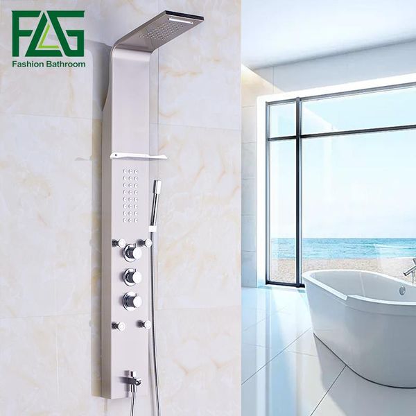 

shower faucet brushed nickel wall mounted bathroom rain waterfall panel with hand sprayer thermostatic set sets