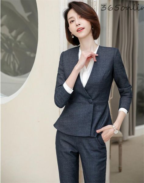 Ternos femininos Blazers uniformes formais desenhos elegantes e cinzentos profissionais cinza para mulheres trabalhos comerciais use um conjunto de inverno de outono de estilos