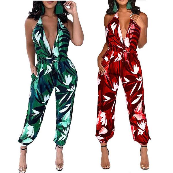 

women's jumpsuits & rompers women print jumpsuit v-neck summer casual, Black;white