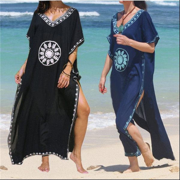 

black indie folk printed womens dresses v neck half side split ankle length women summer kaftan beach wear cotton dress, Black;gray