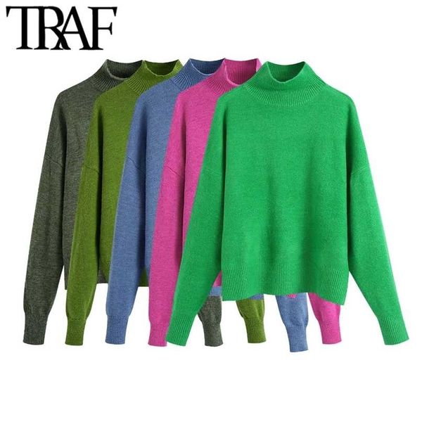 

traf women fashion soft touch loose knitted sweater vintage high neck long sleeve female pullovers chic 211011, White;black