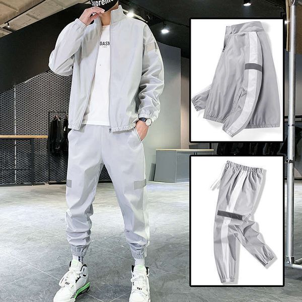 

long tracksuits men's autumn sleeve trousers sports leisure suit student korean fashion plug in luminous coat, Gray