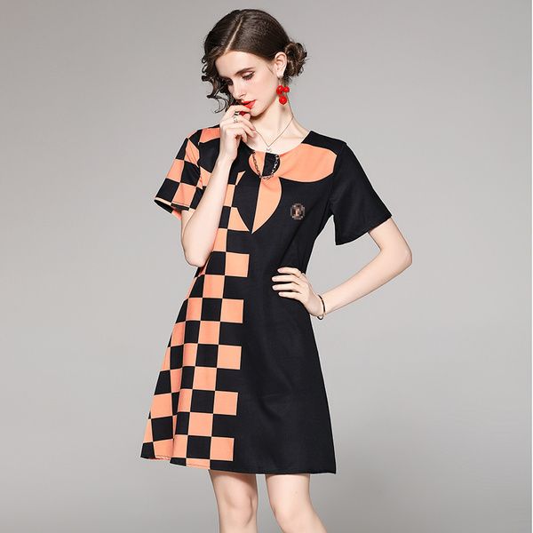

2021 printed runway contrast color mini dress ladies designer short sleeve o-neck prom a-line dresses summer autumn office party holiday qua, Black;gray