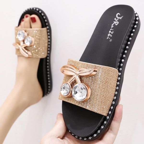 

slippers sequined fabric metalic cherry embellish diamond creepers women open toe slides glitter surround rivets gold flip flops, Black