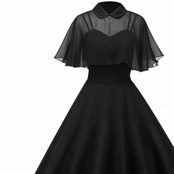 

vintage gothic cape black autumn womens dress two mesh cloak sleeves peter pan collar elegant retro goth party dresses, Black;gray