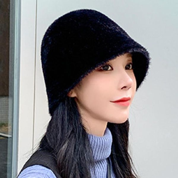 

wide brim hats vintage imitation mink hair hat fluffy bucket straight fisherman female solid color outdoor warm trend all match, Blue;gray