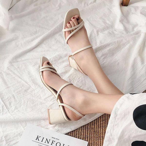 

sandals 2021 female summer slippers ladies high heels square open toe slides party shoes women for, Black