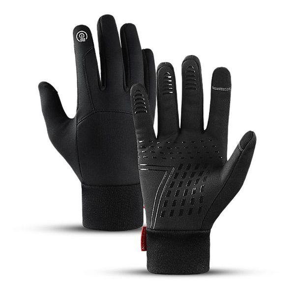 

cycling gloves winter waterproof windproof fleece lining touchscreen anti-slip full-finger bicycle skiing, Black