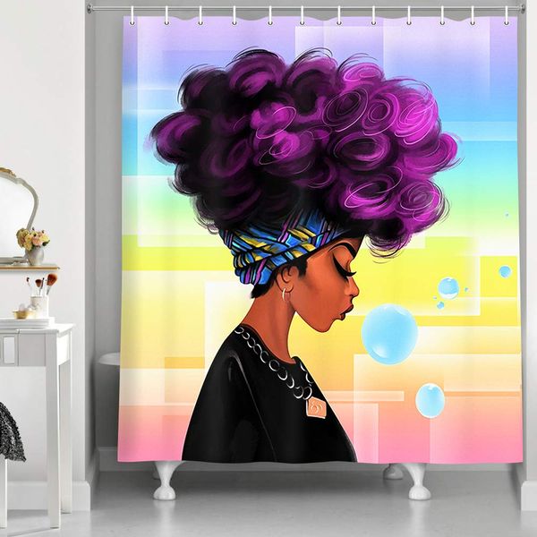 

african american shower curtain, african woman afro lady shower curtain for the bathroom, black girl with blue bubbles bath