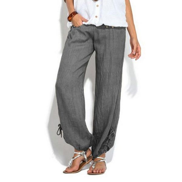 

women's pants & capris fashion women cotton and linen with pocket solid color buttons decor casual ladies loose beach wide leg #g1, Black;white