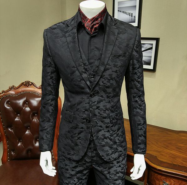 

black camouflage mens wedding suits jacket vest pants peaked lapel groom wedding tuxedos slim