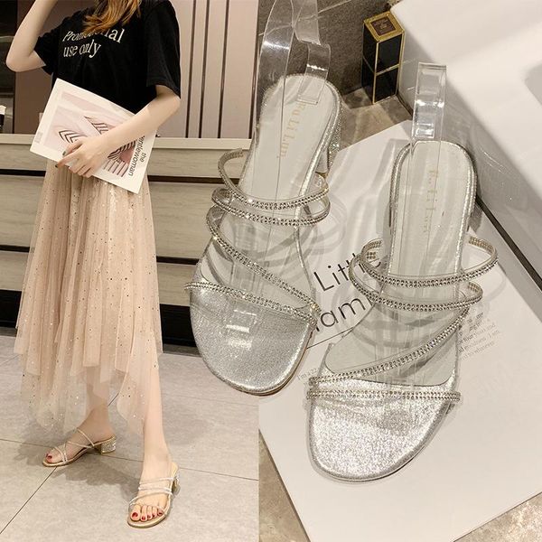 

fashion lady sandals diamond decoration summer korean women's shoes thick heel round head square high heels pu slippers, Black