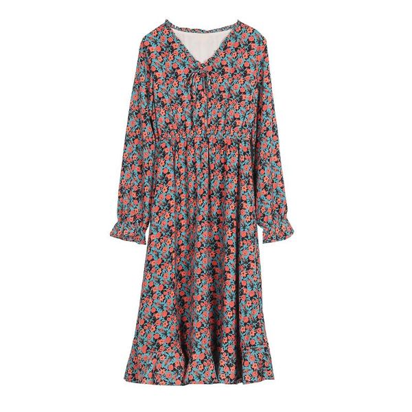 

casual dresses real s 2021 autumn dress long sleeved v neck floral french self cultivation temperament clothes, Black;gray