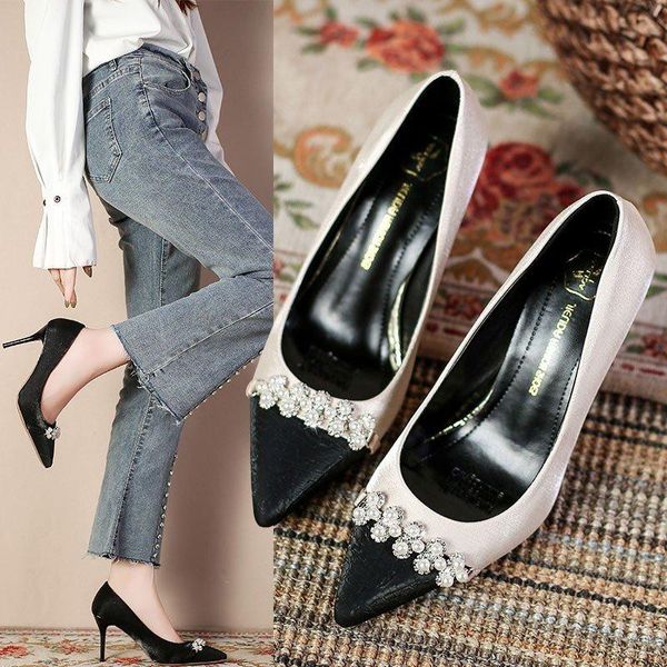 

dress shoes women's high-heeled fashion beaded pointed heels single professional sexy, Black