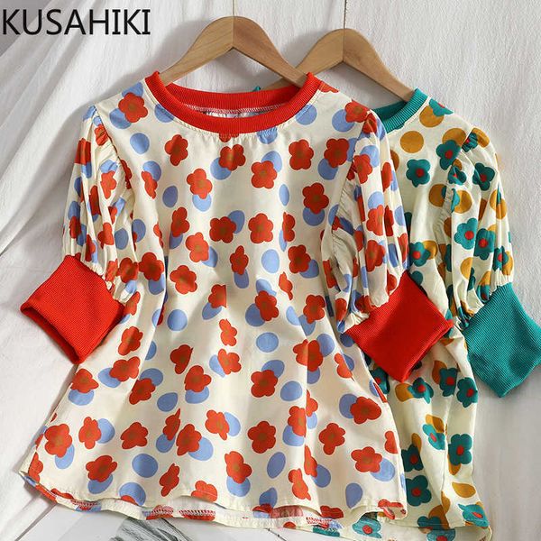 

kusahiki graphic tees women korean hit color floral t shirts summer puff sleeve o-neck causal tee shirts femme 6h465 210602, White