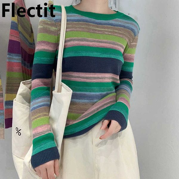 

flectit rainbow sweater women super soft stretchy multicolor striped knit striped jumper pullover female spring autumn knitwear 210928, White