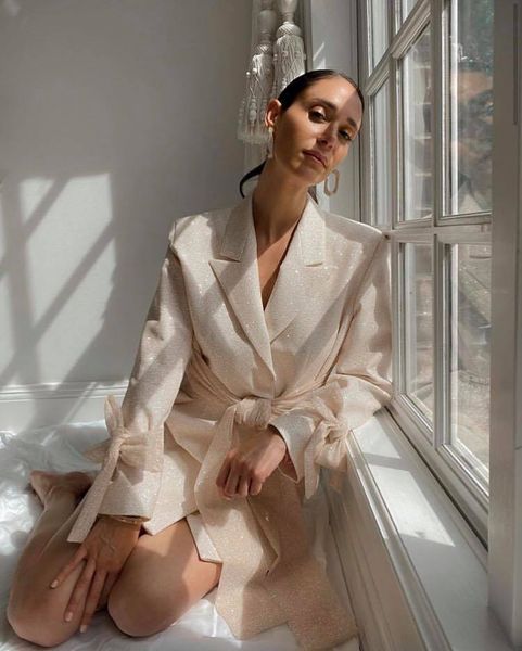 

women's suits & blazers fall women's chic glitter blazer dress bowknot design long sleeve v-neck belt fashion celebrity party club, White;black