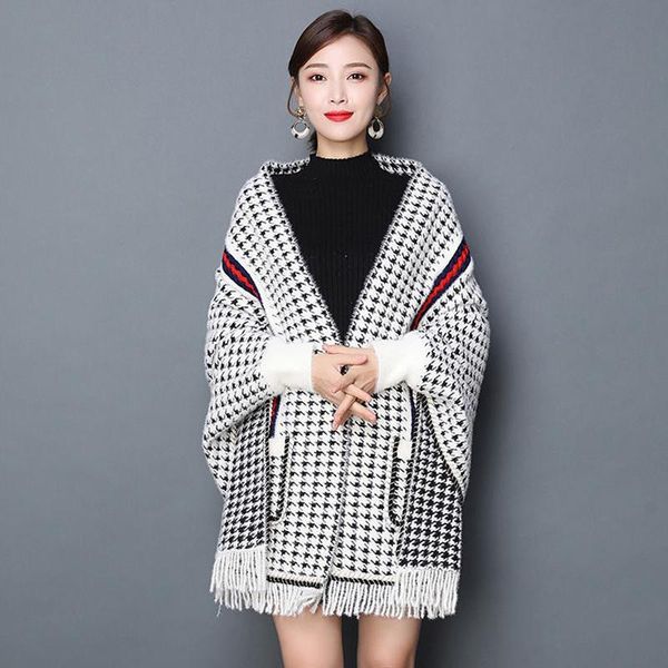 

scarves woman fashion mink velvet stripes houndstooth shawl loose pocket cardigan tassel knit poncho cape sleeve winter sweater coat, Blue;gray