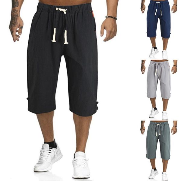 

men's summer casual elastic wais pants comfort male knee length solid fashion breeches beach long shorts quick drying s-xl, White;black