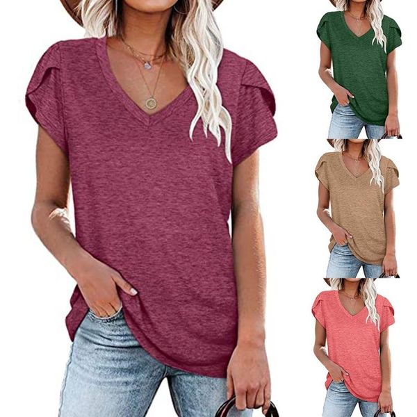 

women's t-shirt 2021 fashion women elegant solid color ladies tee casual v-neck petals short sleeve female summer clothing, White