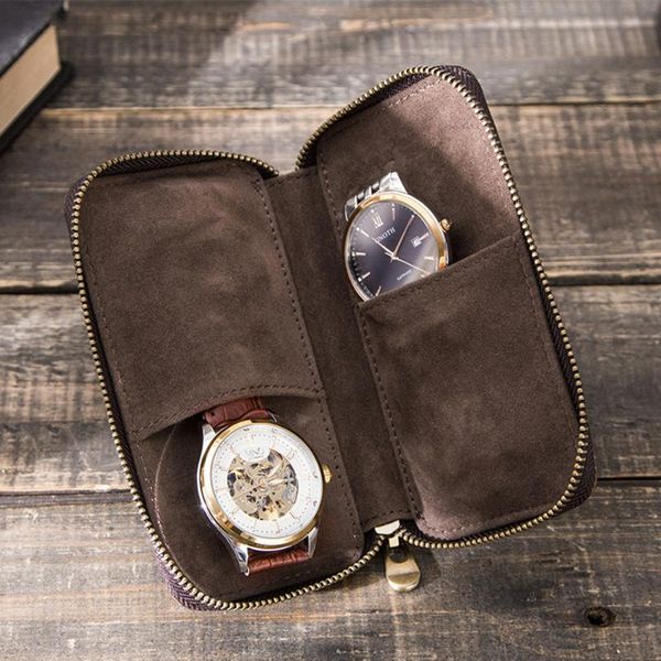 

watch boxes & cases luxury handmade leather soft box bag retro crazy horse creative zipper lovers watches case organizer, Black;blue