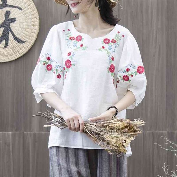 

summer style women tshirt plus size lantern sleeve loose o-neck floral embroidery vintage femme linen tee shirt mmx01 210512, White