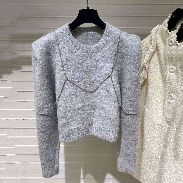 

women's sweaters [ewq] moda chique cinza malha pullovers feminino outono novo o-pescoÃ§o solto manga longa camisola com corrente 16e373, White;black