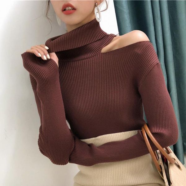 

women's sweaters women pullovers sweater 2021 knitting autumn winter turtleneck hollow out off shoulder casual ladies sw755, White;black
